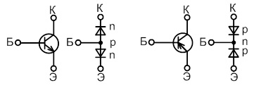 Рис. Обозначение биполярного транзистора и его эквивалентная схема: а) n-p-n типа; б) p-n-p типа